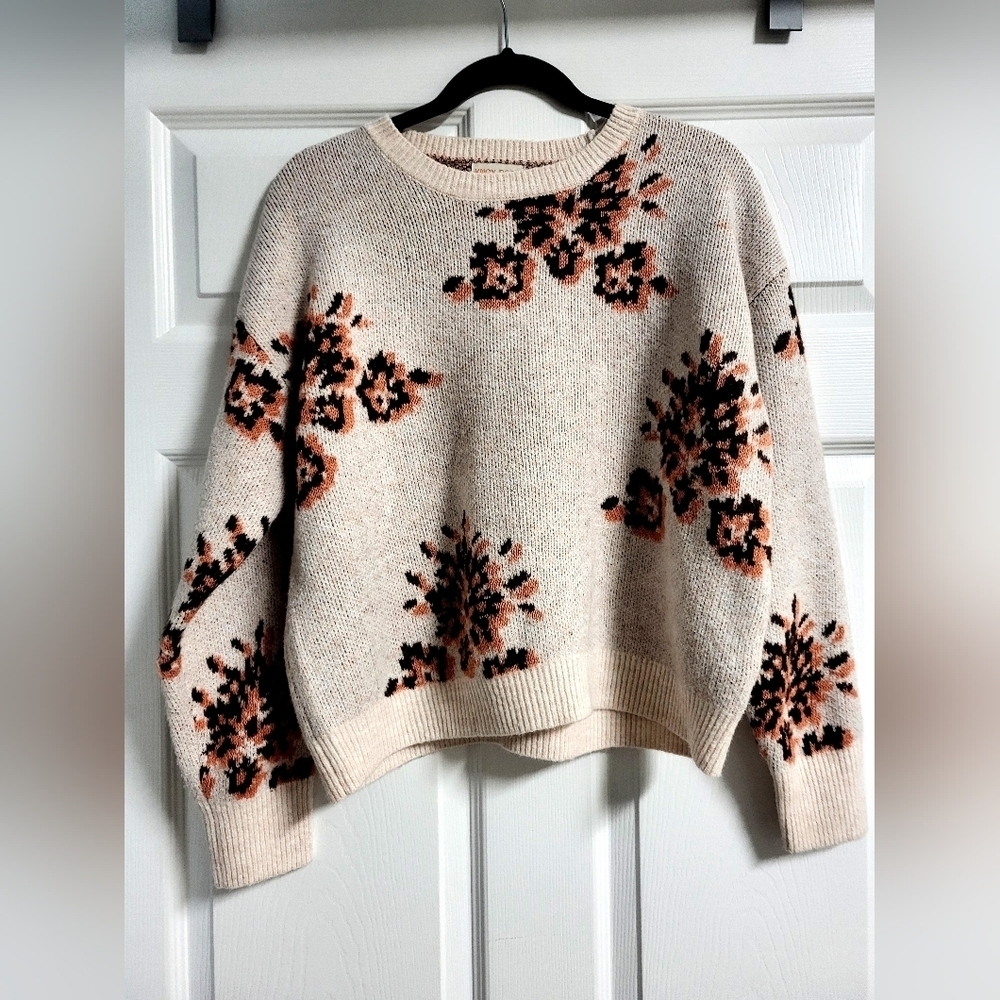 Knox Rose Womens Floral Patterned Cream Brown And Peach Sweater Size M